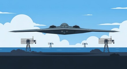Stealth Aircraft Flying Over Ocean with Radar Towers Silhouette