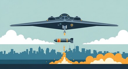 Stealth Aircraft Releasing Bomb Over City Skyline Illustration