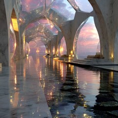 White Marble Hallway Reflecting Pink Sunset Glow Orbs