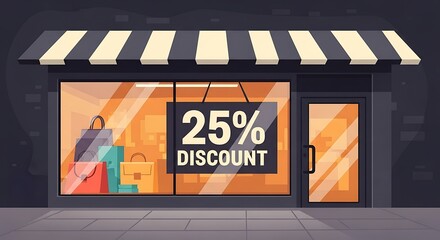 Storefront with Discount Sign and Shopping Bags in Window