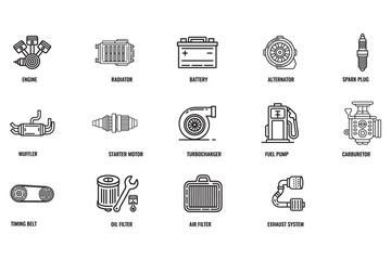 Automobile Engine & Mechanical Parts Line Icon Set