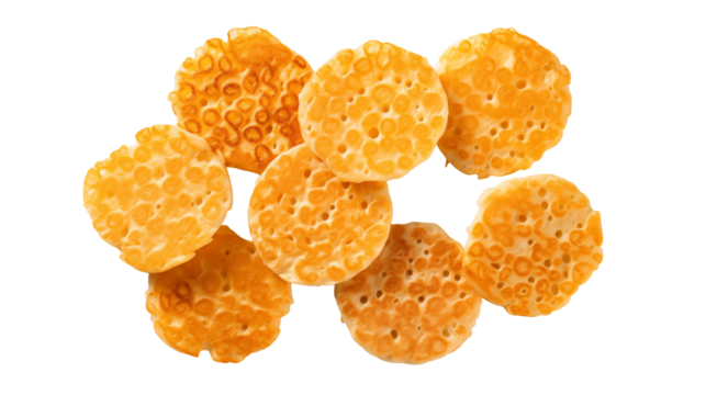 Golden Round Snacks Delicious Crispy Food Texture Pattern Overhead View, transparent background - Powered by Adobe