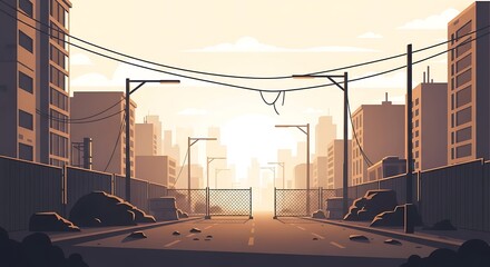 Street View Through Urban Setting at Sunrise