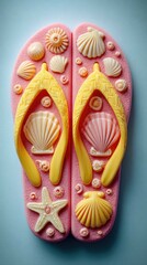 Summer flip-flops with seashells create a playful beach vibe in vibrant pink and yellow, featuring a cute clay design against a blue background