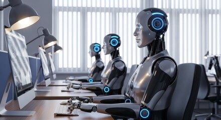 A row of three sleek, humanoid robots efficiently work at computer workstations in a modern, brightly lit office, showcasing advanced automation.