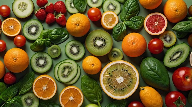 Fresh Fruit and Vegetable Mix on Light Green Background with Copy Space