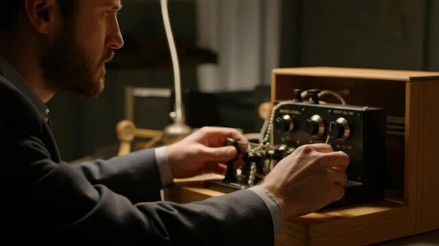 Man operating vintage radio equipment in dimly lit room