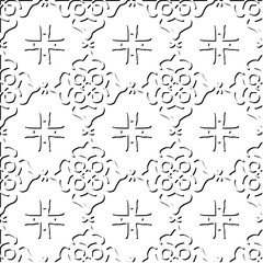  3d relief tiles.
Vector pattern with symmetrical elements . Modern stylish abstract texture. Repeating tiles from striped elements. Black and white pattern.