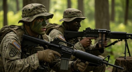 Fototapeta premium Two armed servicemen in full uniform and camouflage, on patrol in a vibrant green forest, ready for action during a mission.