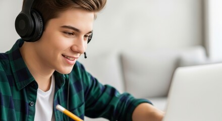 Engaged in online learning, a happy male student with headphones studies from home, demonstrating modern education and focused academic pursuit.