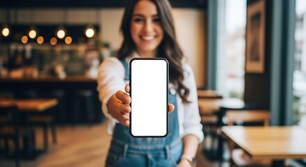 Woman Holding Phone with Blank Screen in Cafe Setting