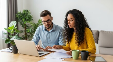 A professional multi-ethnic couple sits together, engaged in discussion while working with paperwork and a laptop, reflecting teamwork and efficiency.