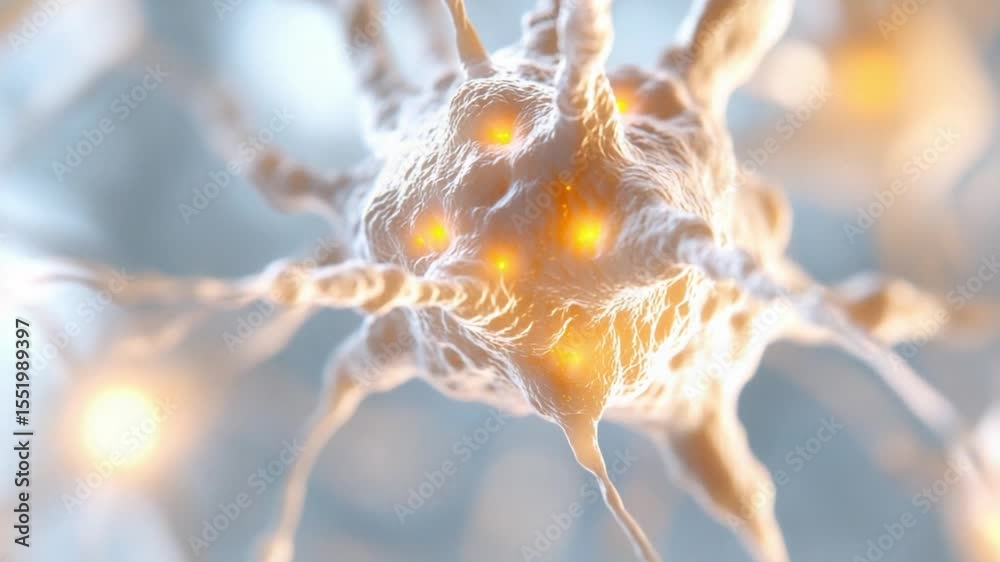Poster Neural Network: A close-up, photorealistic representation of a neuron, the building block of the brain, showcasing its intricate structure and the pathways of neural impulses. 