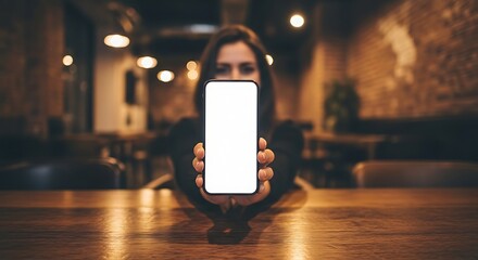 Woman Showing Smartphone with Blank Screen in Cafe
