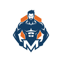 Geometric muscular man silhouette logo design featuring clean modern font, ideal for gym, bodybuilding, fitness, health brand, personal trainer, or athletic clothing business.