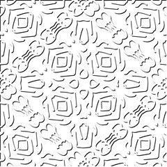  3d relief tiles.
Vector pattern with symmetrical elements . Modern stylish abstract texture. Repeating tiles from striped elements. Black and white pattern.