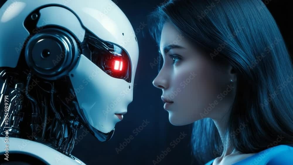 Poster The faces of a human and a robot look at each other, symbolizing interaction and the future of technology. For the concepts of artificial intelligence, innovation and ethics in robotics and humanity.