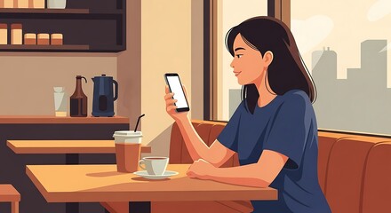 Woman Using Phone in Cafe with Coffee, Cityscape View