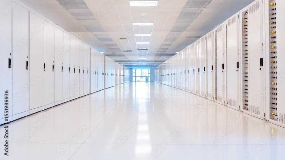Poster data center corridor: a modern data center hallway, lined with server racks and bathed in clean, bri