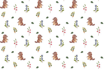 Seamless watercolor pattern with cute beavers, berries, and leaves on white background for children’s textiles, nursery wallpapers, and nature-themed designs
