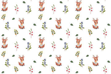 Woodland watercolor seamless pattern with deer, forest leaves and berries for nursery decor, baby clothing, wrapping paper, and animal themed children’s products