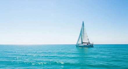 Fototapeta premium A white sailboat glides effortlessly across a calm, sparkling turquoise sea under a vast, clear blue sky, evoking serenity and adventure.