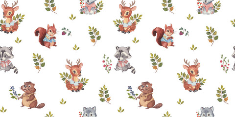 Cute watercolor woodland animals seamless pattern including deer, raccoon, squirrel and wolf with forest elements for kids print, decor, fabric and wallpaper