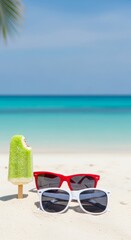 Fototapeta premium Red and white sunglasses lie beside a melting green popsicle on a pristine white sandy beach, with crystal-clear turquoise waters in the background.