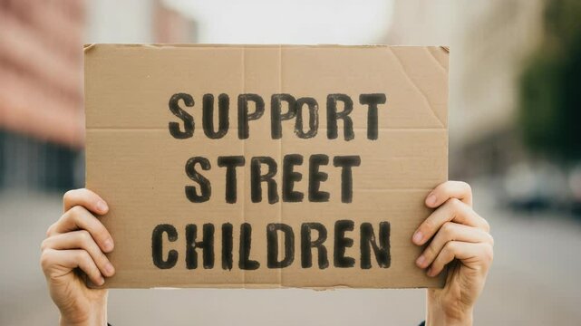 Cardboard sign "SUPPORT STREET CHILDREN" held by hands in urban setting