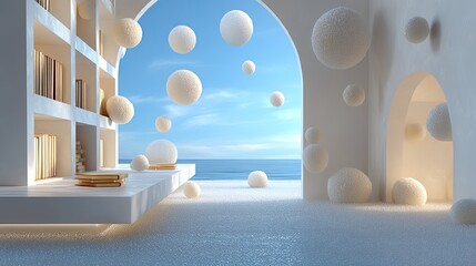 White Spheres Floating Above Minimalist Oceanfront Architecture