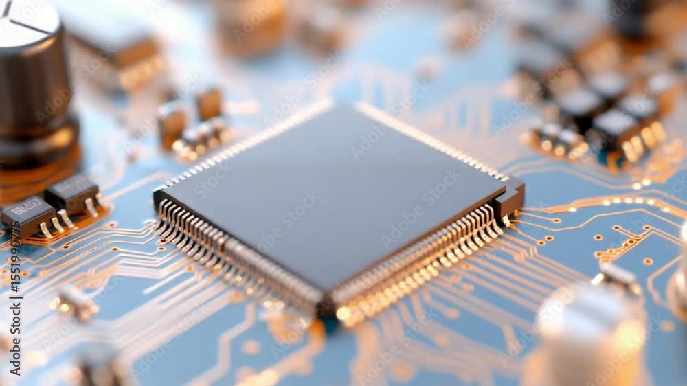 Poster Electronic Circuit Board: A detailed view of an advanced electronic circuit board showcasing the intricate connections and technological advancements within. Focus on chip components.