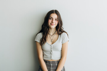 Teen girl smiling softly in clean white room with simple outfit
