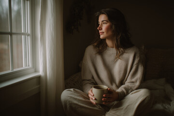 Girl holding tea cup near window in soft light and cozy outfit