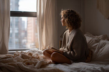 Girl holding tea cup near window in soft light and cozy outfit