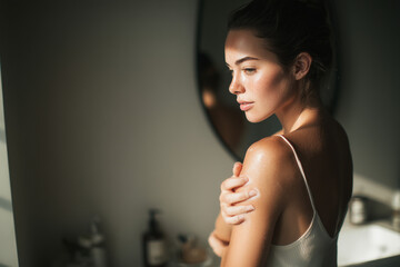 Young woman applying lotion to shoulder in neutral bathroom