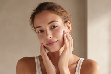 Young woman applying facial moisturizer in neutral bathroom