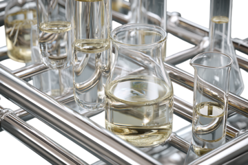 Close up of various laboratory glassware containing clear liquids.