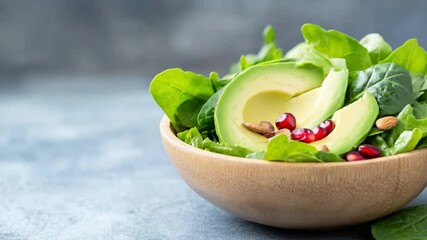 Fresh Salad Bowl: A vibrant close-up of a healthy salad bowl, overflowing with fresh avocado slices, verdant spinach leaves, juicy pomegranate seeds, and pine nuts. - Powered by Adobe