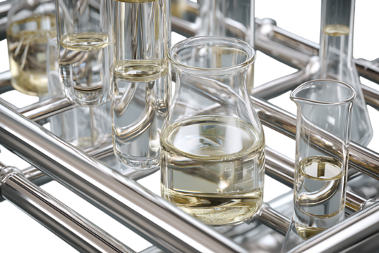 Close up of various laboratory glassware containing clear liquids.