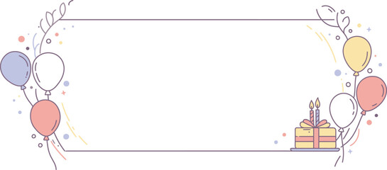 Birthday celebration frame with balloons, cake, and gift.