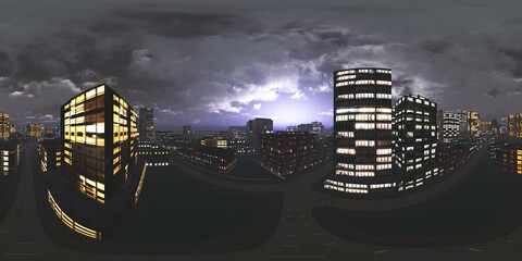 Night city, HDRI, equidistant projection, Spherical panorama, panorama 360, environment map, 3D rendering