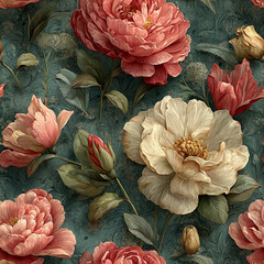 Elegant Peonies and Floral Pattern Wall Art: Vintage Botanical Nature-Inspired Design for Home Decor and Weddings