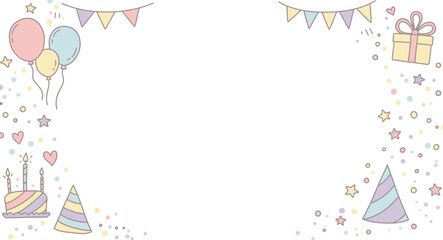 Pastel birthday party border design with balloons, cake, gifts, and confetti.