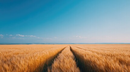 Obraz premium wheat field with tractor line creating path under blue sky