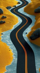 Winding Asphalt Road Top View:  Yellow And Blue Geometric Landscape