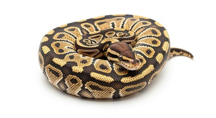Fototapeta premium Coiled Ball Python with Intricate Markings on a Clean White Background