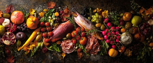 The vibrant harvest display of fruits, vegetables, and gourmet delicacies.