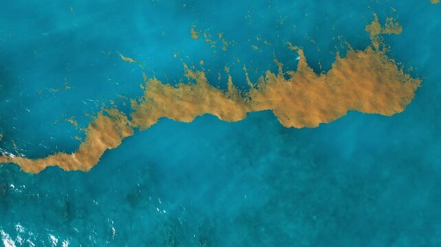 Sargassum seaweed in the turquoise Atlantic Ocean. Top view