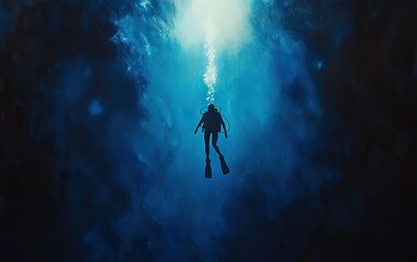 Fototapeta premium Solitary diver in deep blue water.