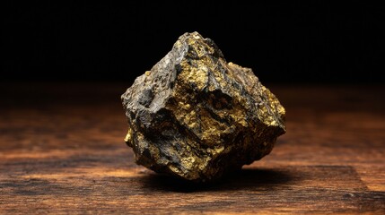A sample of uranium sits on a wooden table, isolated against a black background.